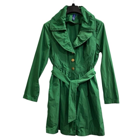 Due+2 Jacket Womens L Green Ruffled Smocked Belted‎ Mid Length Coat Feminine - Picture 1 of 7